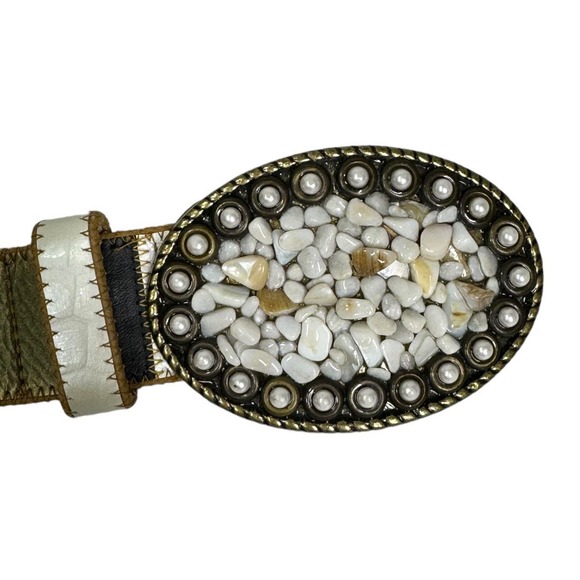 Vintage Elite Leather Patchwork Belt Medium Stone Embellished Buckle Neutral - Picture 4 of 6